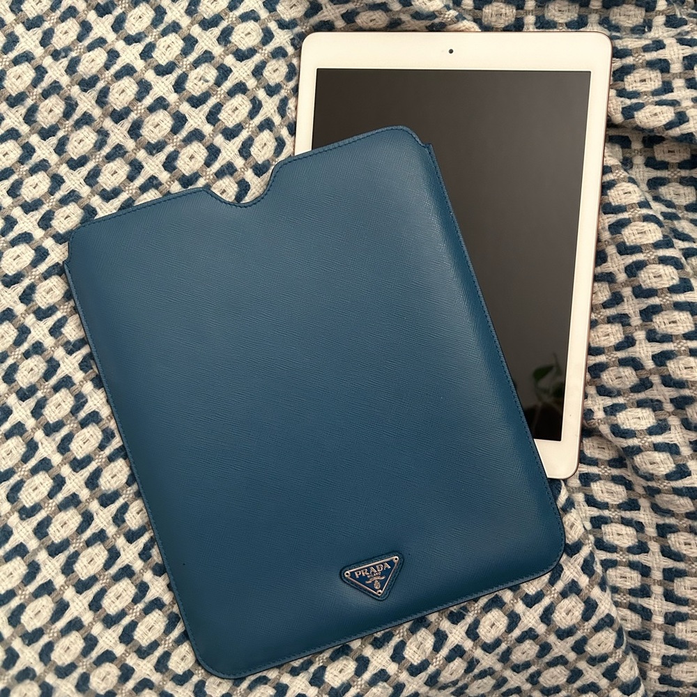 Blue genuine leather PRADA iPad / kindle / tablet travel sleeve